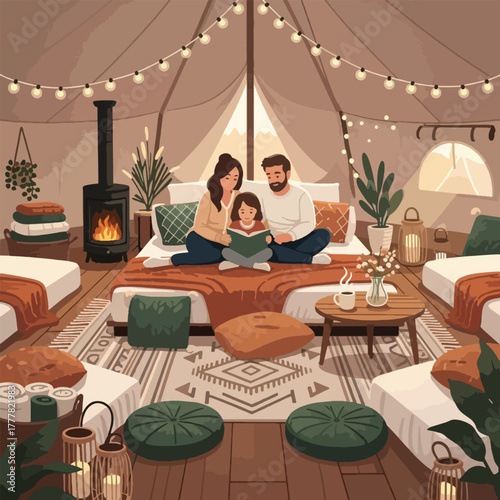 A cozy family enjoys a bedtime story in a beautifully decorated glamping tent, complete with a wood-burning stove and string lights.