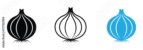 An onion icon features a teardrop shape outlined with white curved lines that showcase depth and highlight its distinct form against a white backdrop.