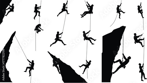 Black silhouettes of rock climbers ascending and descending steep cliffs rock climbing