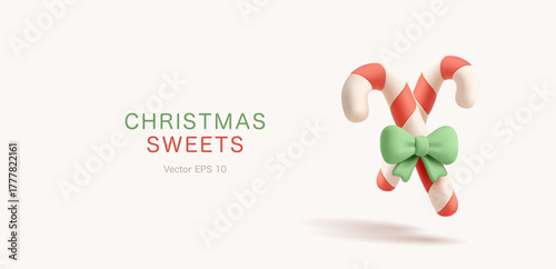 Christmas sweets. Traditional Christmas sticks, candy with green bow, 3D. For Christmas celebration, gifts, childhood concepts. Vector illustration.