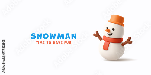 Smiling snowman character, 3D. Time to have fun. For game, children, Christmas holiday concepts. Vector illustration.