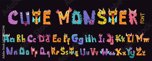 Little cute monster alphabet for baby design with funny cartoon letters for children. Kawaii font with numbers for invitation, greeting card, kindergarten banner. Vector hand drawn illustration