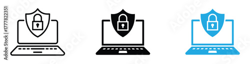 Laptop antivirus shield security icon.  Laptop protection icon. Laptop and shield icon. Internet security concept. Identification and protection symbol.