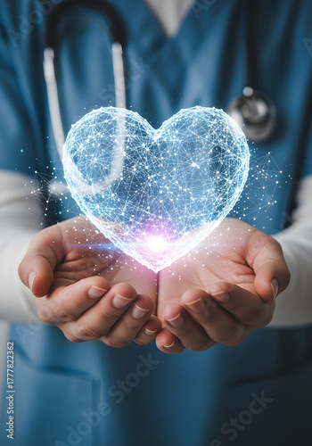 Glowing Digital Heart in Hands Healthcare Support