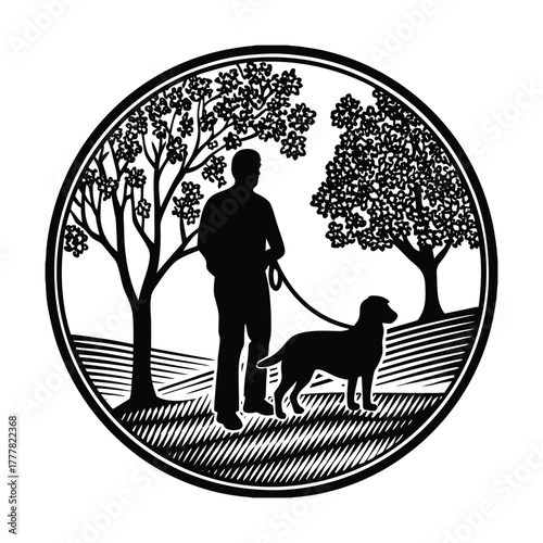 Silhouette of a Dog Walker on White Background