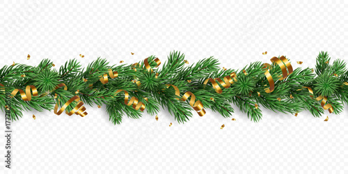 Holiday Christmas tree seamless garland with golden confetti and ribbons isolated on a transparent background. Vector realistic pine tree branches border for winter decoration banner, poster, greeting