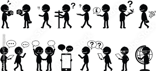 Black stick figures in various poses and actions on white background black and white silhouette