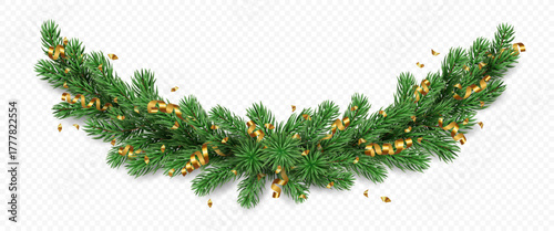 Vector realistic pine tree branches with golden confetti and ribbons isolated on a transparent background. Holiday Christmas tree seamless garland for winter decoration banner, poster, greeting card.