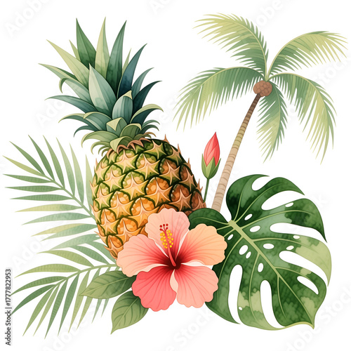 Colorful tropical design featuring watercolor pineapple fruit, hibiscus flower with bud, philodendron leaf and palm leaves isolated on white background.