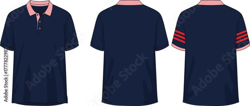 Polo shirt design, navy blue, pink collar, button placket, fashion sketch, front view, back view, striped sleeve, apparel template