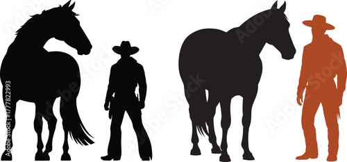 Vector silhouette of a cowboy standing with horse
