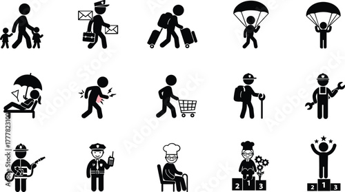 Collection of black stick figure icons representing various professions and activities black and white