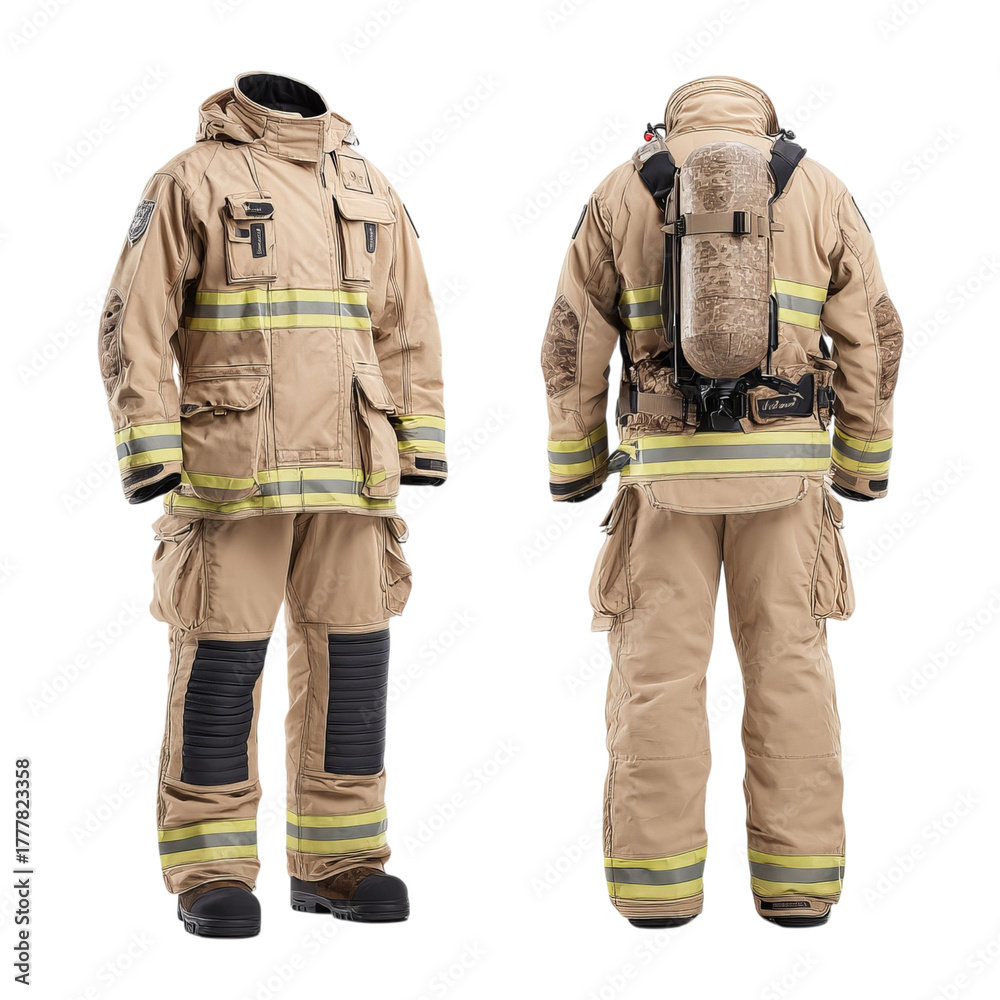 Fototapeta premium Png of front and back view of a firefighter uniform isolated on transparent background, showcasing the complete protective ensemble