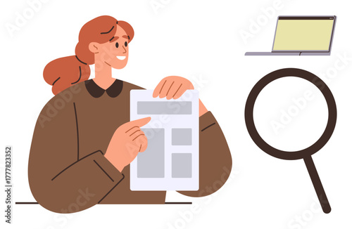 Woman holding and pointing at a document, large magnifying glass, open laptop. Ideal for analysis, research, verification, problem-solving, education information search task management. Simple flat