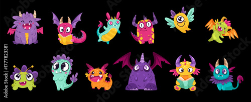 Cute Little Monsters set with different eyes, wings, horns. Cheerful happy face emotions. Children hand drawn vector illustration for baby shower party, room design and card templates