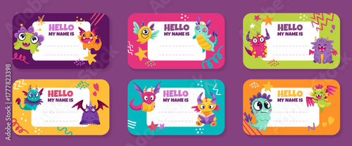 Name tag set for kids with funny cute monster characters and place for text. Vector illustration with colorful and clean design. Sticker frame with kind and playful aliens