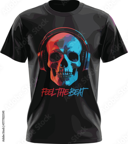 Split-Tone Skull with Headphones Vector, Cyberpunk Red Blue Duotone Music Graphic