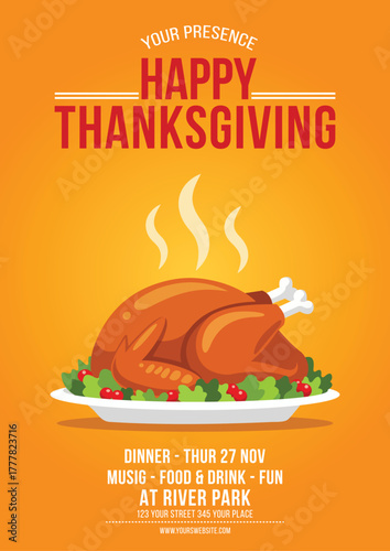 Happy thanksgiving invitation poster with a roasted turkey on a platter, inviting guests to a festive dinner celebration at river park