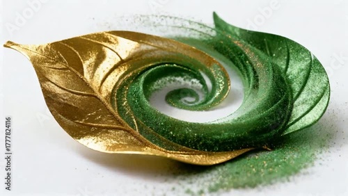 Gold and Green Glitter Leaves Forming a Spiral