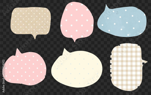 Vector set of paper speech bubbles with polka dots and checkered patterns. Cute handmade collage-style design perfect for scrapbooking, zine art, stickers.