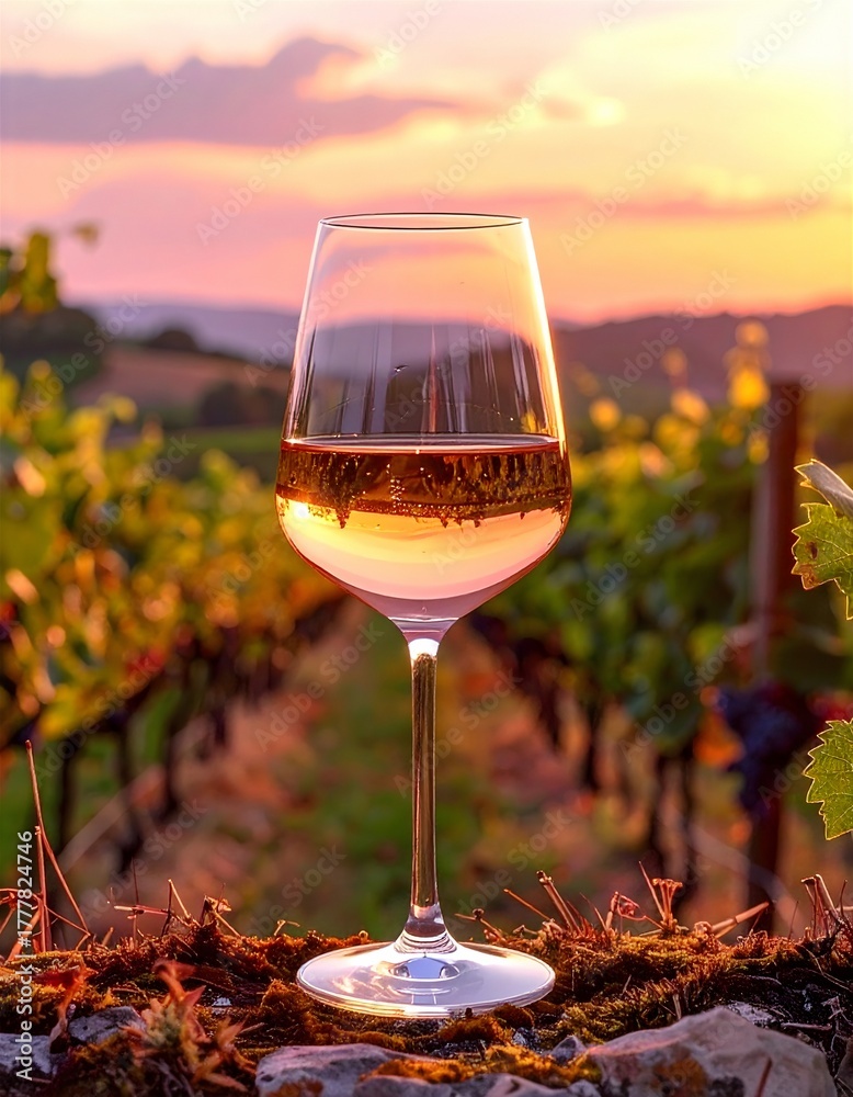 Fototapeta premium Ein einzelnes Glas Weißwein steht auf einer Moosbedeckten Mauer inmitten von Weinreben.