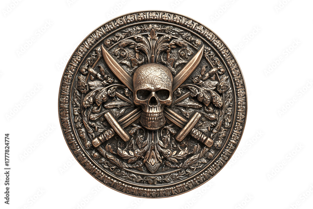 Fototapeta premium Ornate bronze pirate medallion with skull and swords for themed decor or costume design