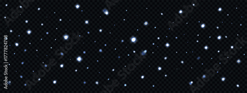 Vector starry night space background. Glowing stars with blue light halo effects isolated on transparent backdrop 