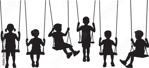Children swinging together swinging on playground , childhood fun, outdoor play, children silhouette,  vector illustrator