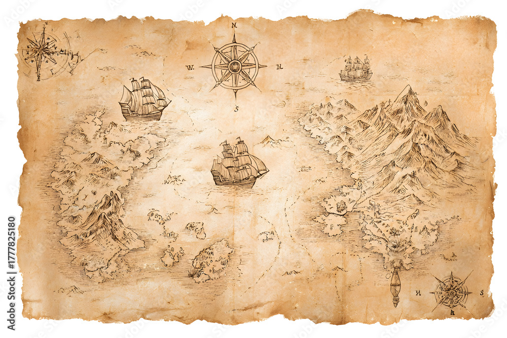 Obraz premium Ancient treasure map on aged parchment with sailing ships and compass rose