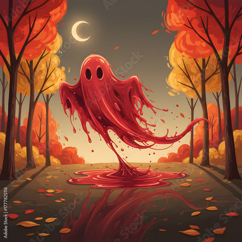 Spooky Ghost Emerging from Bloodied Pond in Autumn Forest Scene