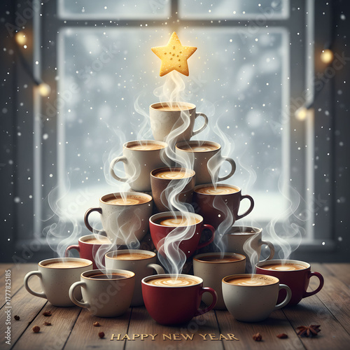 Cozy Hot Beverage Stack with Aromatic Steaming Cups and Festive Star