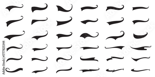 Vector swash swoosh flourish design elements. Curly swish tails and sporty plume swirl logo vector elements for retro banners