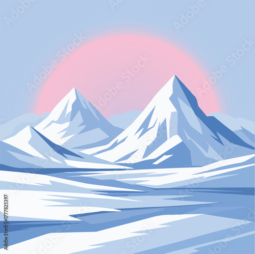 Frozen mountain valley landscape background illustration with glacial snow capped peaks and soft pastel sunrise in the sky