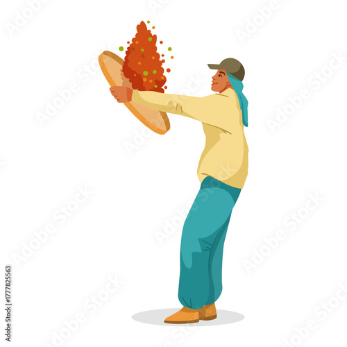 Person sorting coffee beans using a flat basket, flat graphic style, isolated on white background. Concept of coffee bean collection. Vector illustration