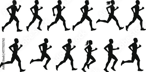 Running silhouette sequence, athletic motion, jogging cycle, sports biomechanics, gait analysis, fitness training, runner profile, dynamic movement, health, exercise