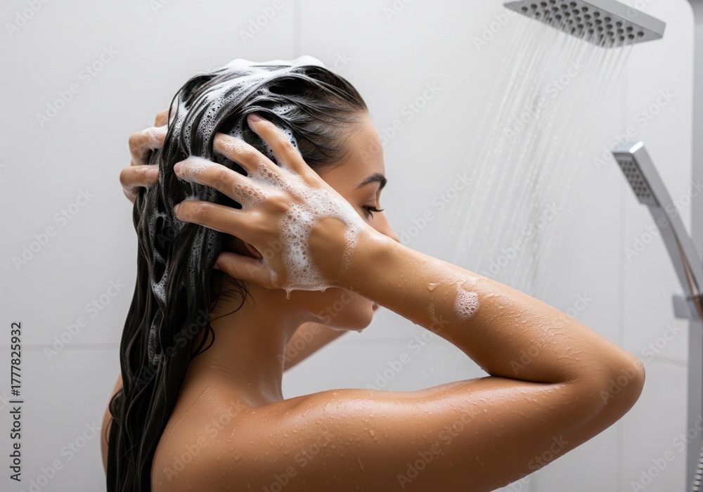 Naklejka premium Woman washing her long dark hair with shampoo in a modern shower.