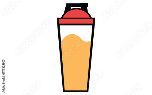 A tall slender orange juice shaker bottle with a red lid and black handle isolated on white background