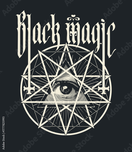 Vector banner on occultism and witchcraft, death metal rock music with words Black magic written in gothic font with inverted crosses, pentagram and human eye. Used for poster and CD disk. No AI used
