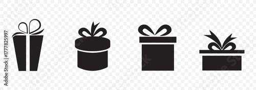Gift Box Icon Set. A collection of simple black gift box icons with ribbon bows. Perfect for holiday designs, celebrations, e-commerce, and UI elements. High-quality vector illustration.