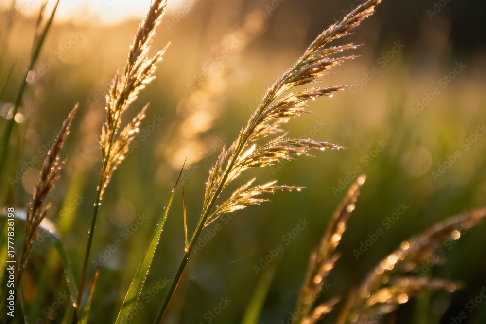 Fototapeta premium Golden grass sways gently, illuminated by soft sunlight in a serene field.