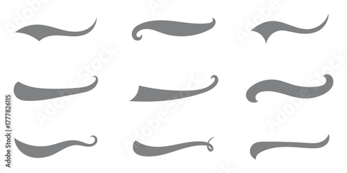 Vector black sport tails. Swoosh silhouette elements for baseball, football or athletics lettering. Baseball swoosh text tails. Sports underline curly shapes set. Swirl lines, swish or swash shapes