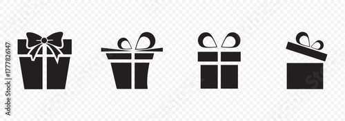 Gift Box Icon Set. A collection of simple black gift box icons with ribbon bows. Perfect for holiday designs, celebrations, e-commerce, and UI elements. High-quality vector illustration.