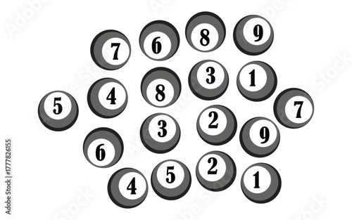 A collection of numbered billiard balls scattered in a random pattern isolated on white background