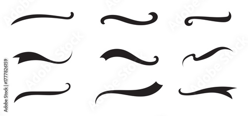 Vector black sport tails. Swoosh silhouette elements for baseball, football or athletics lettering. Baseball swoosh text tails. Sports underline curly shapes set. Swirl lines, swish or swash shapes