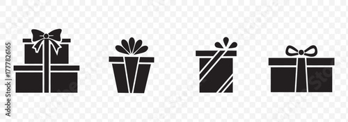 Gift Box Icon Set. A collection of simple black gift box icons with ribbon bows. Perfect for holiday designs, celebrations, e-commerce, and UI elements. High-quality vector illustration.