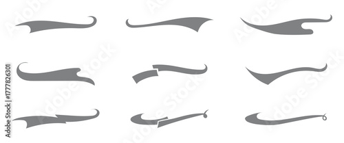 Vector black sport tails. Swoosh silhouette elements for baseball, football or athletics lettering. Baseball swoosh text tails. Sports underline curly shapes set. Swirl lines, swish or swash shapes