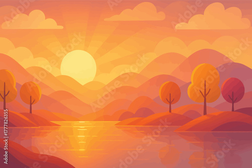 A breathtaking sunset over a tranquil lake with rolling hills and trees