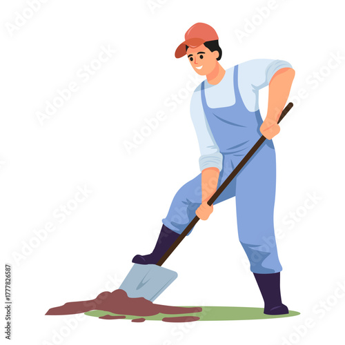 Male worker in blue overalls and red cap digging soil with a shovel, flat cartoon style on white background. Concept of agriculture and labor. Vector illustration