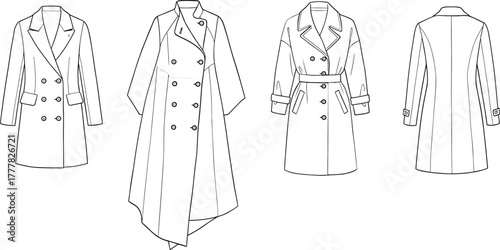 Fashion design sketches of four coats showing front and back views drawing