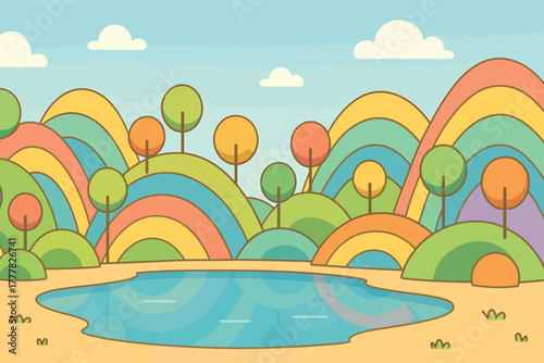 Cartoon landscape with rainbow hills, trees, and a lake in the foreground